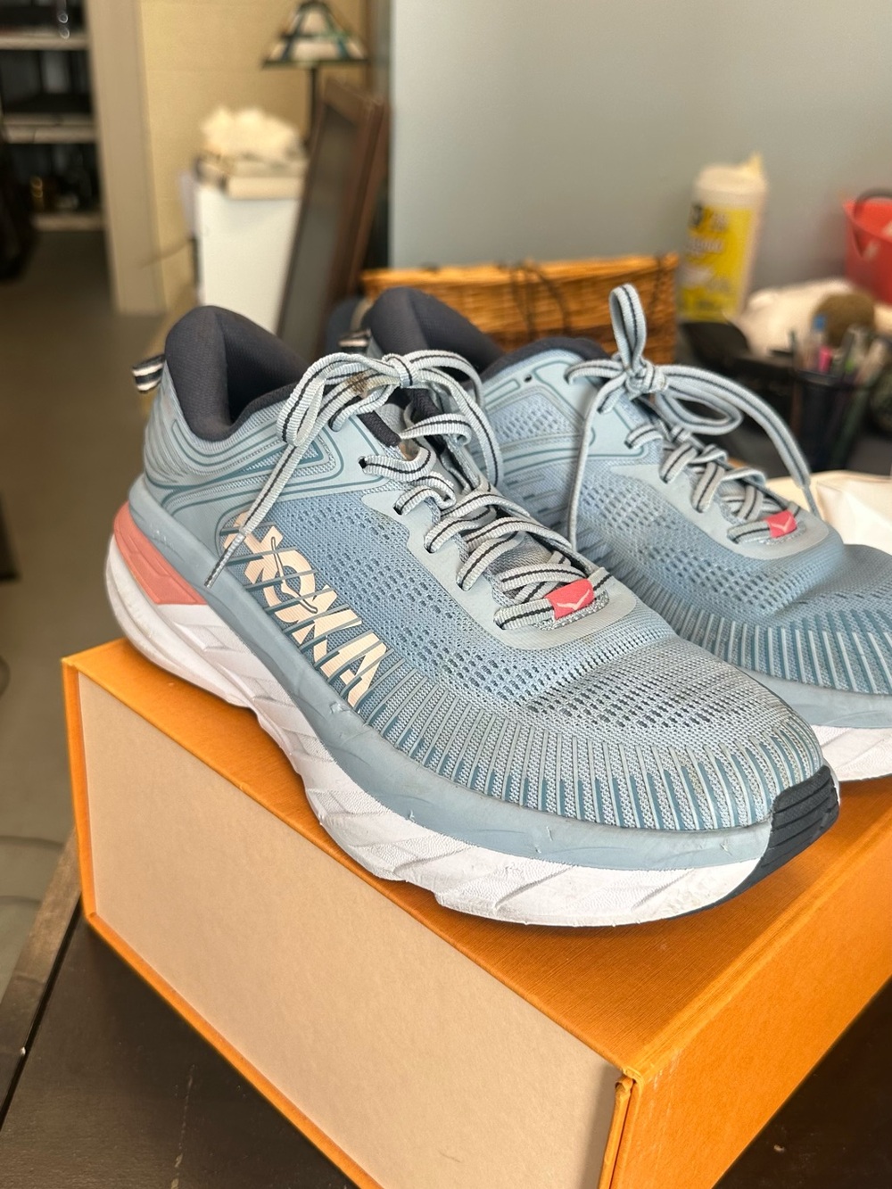 Hoka Light Blue Athletic Running Shoes with Coral Accent